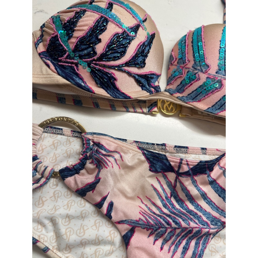 Victorias Secret Very Sexy Bikini Set Sequin Tropical Palm Pink Blue NWT Small